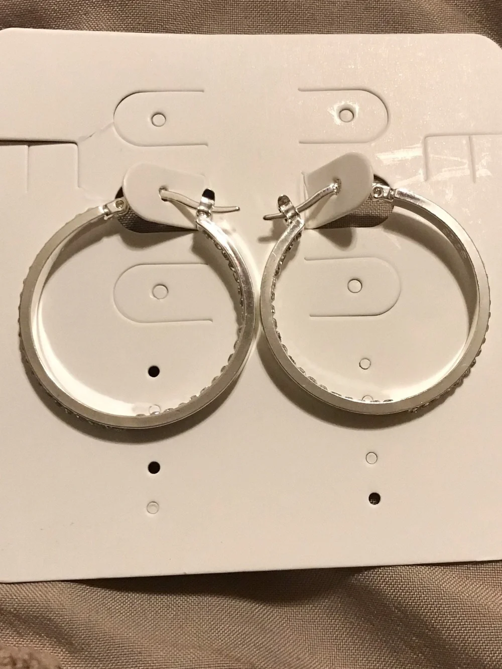 Silver Tone Textured Hoop Earrings - with inside / outside Rhinestones